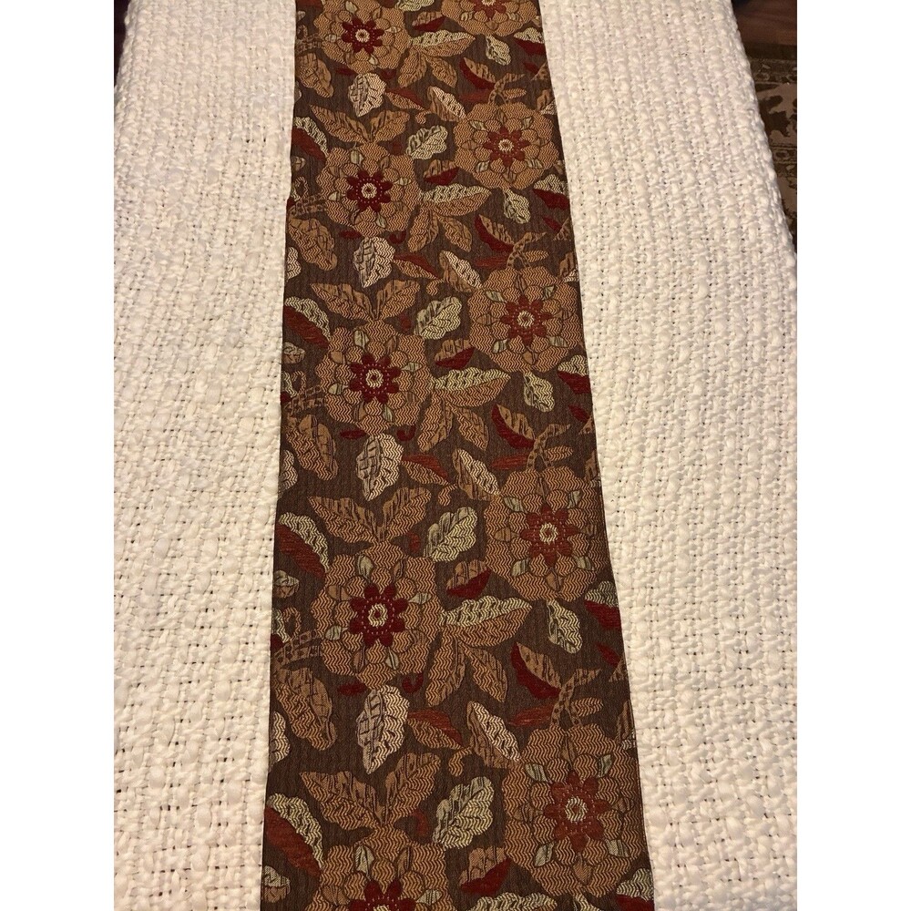 Fall tan and brown floral table runner with beaded corners. 70"x13"